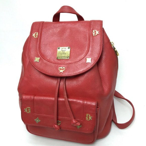 MCM Logo Plate logo studs Backpack-Bag Red Leather - Picture 1 of 9